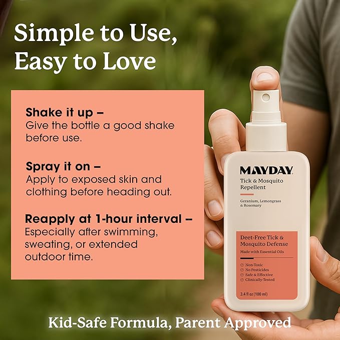 MAYDAY Tick & Mosquito Repellent – Deet-Free with Essential Oils – Geranium, Lemongrass & Rosemary – 3.4 oz (100 ml) – Mosquito and Tick Repellent