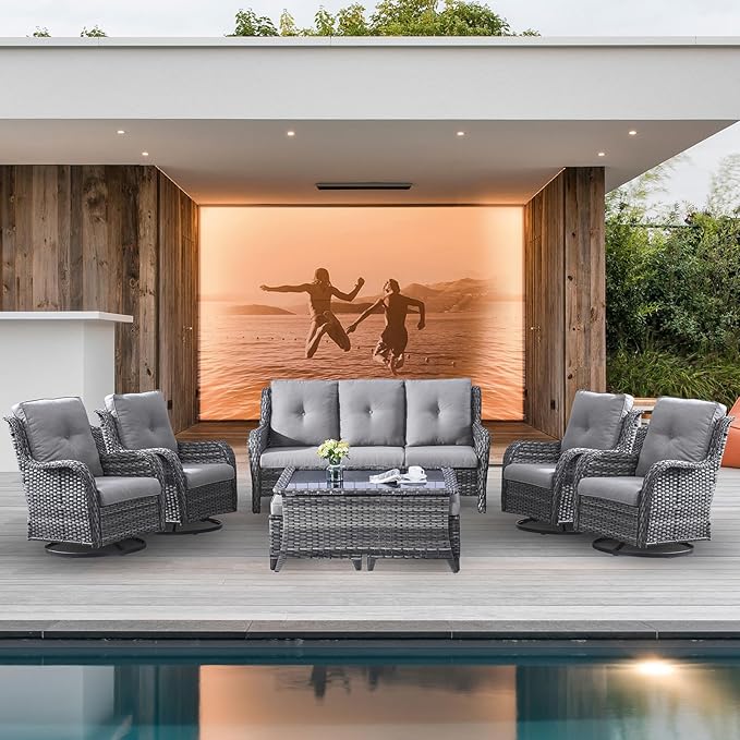 Belord Wicker Patio Furniture Sets - 8 Piece Outdoor Rattan Furniture Conversation Sets with 4 Swivel Rocker Chairs, Rattan Sofa, Wicker Ottomans and Coffee Table, Mixed Grey/Grey