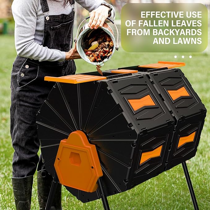AACULPET Compost Bin Outdoor 45 Gallon, BPA-Free Dual Chamber Rotating Composter for Kitchen Waste, Heavy-Duty Fast Compost Tumbler Great Sustainable Gift for Winter Garden Yard & Spring Ready Soil