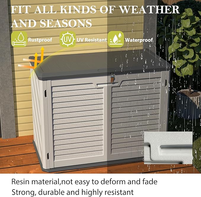 Outdoor Storage Shed Horizontal Plastic Shed W/Removable Shelf & Lockable Cabinet,Weather Resistance Foldable House W/Sloped Roof & Dual-Locking Mechanism,28 Cu.ft Garden Tool House,White