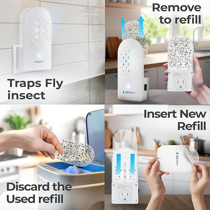DropSky Flying Insect Trap Refill- Plug in Bug Catcher Indoor Refills, Indoor Fly Trap, Indoor Fly Trap,Trap for Mosquitos, Bugs, Insects, Gnats, Moth and Fruit Flies -Plug in Refill (Pack of 3 DP09)