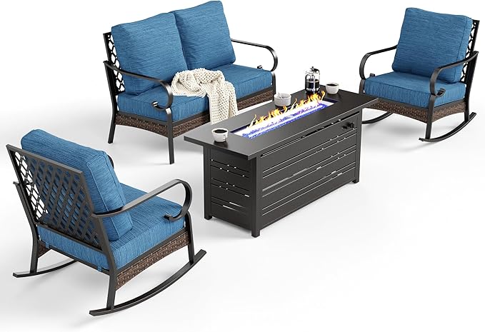 SUNSHINE VALLEY 4 Piece Metal Outdoor Patio Furniture Sets with Firepit Table, Patio Conversation Sets 1 2-Seater Sofa, 2 Rocking Sofa with 5.75" Cushion Black Backyard Furniture for Deck, Blue-2