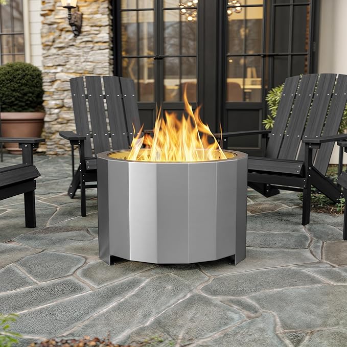 Flash Furniture Titus Commercial Grade Wood Burning Smokeless Outdoor Firepit - Fingerprint Resistant Stainless Steel - 27 inches - Portable - Waterproof Cover