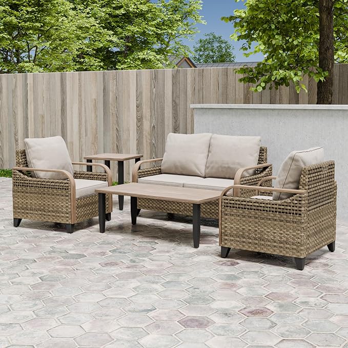 EAGLE PEAK Modern Wicker Outdoor Patio Furniture Set, Patio Conversation Set, 2 Chairs, 2-Seat Loveseat, Coffee Table and Side Table, 5 Pieces, Brown/Gray