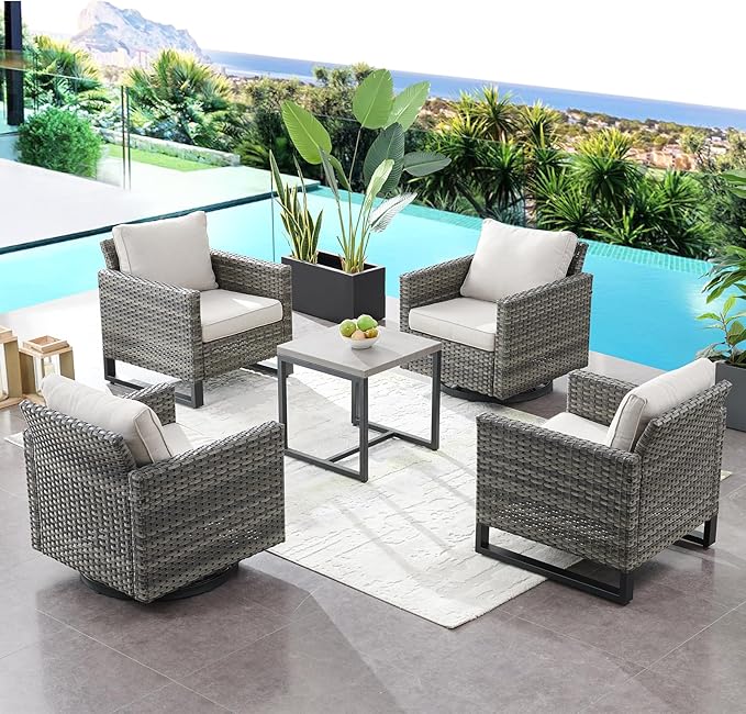 HUMMUH 5 Piece Patio Furniture Set,PE Wicker Patio Swivel Rocker Chairs Outdoor Chairs Set of 2 with Side Table for Porch,Garden,Backyard