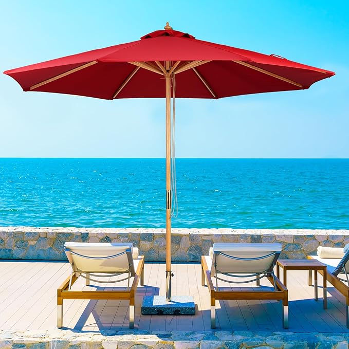 9ft Bamboo Umbrella, Outdoor Patio Umbrella, Waterproof Market Umbrella, 8 Ribs Table Umbrella with Pulley Lift for Garden, Deck, Pool, lawn, Backyard