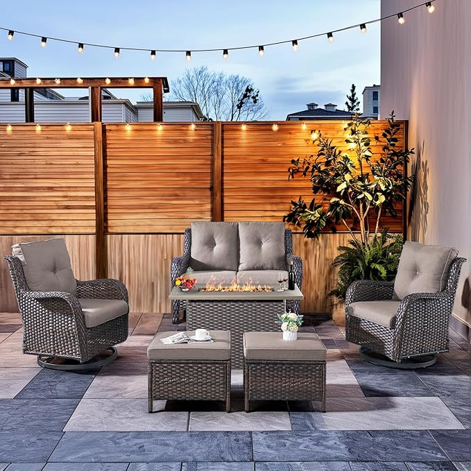 HUMMUH 6-Piece Patio Furniture Set with Fire Pit Table Wicker Outdoor Swivel Rocker Patio Chairs High Back Loveseat Conversation Set for Porch, Backyard, Deck