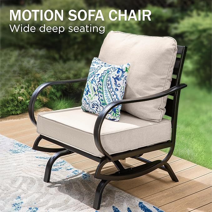 PHI VILLA 5 Piece Patio Furniture Set with 28" Firepit Table, 4 Outdoor 5.75" Cushioned Metal Frame C-Base Sofa Chairs & 28" Gas Firepit Table, Outside Furniture Set for Lawn Garden