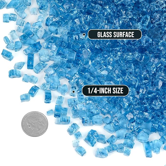 Skyflame High Luster 10-Pound Regular Fire Glass for Fire Pit Fireplace Garden Landscaping Pacific Blue 1/4" Size