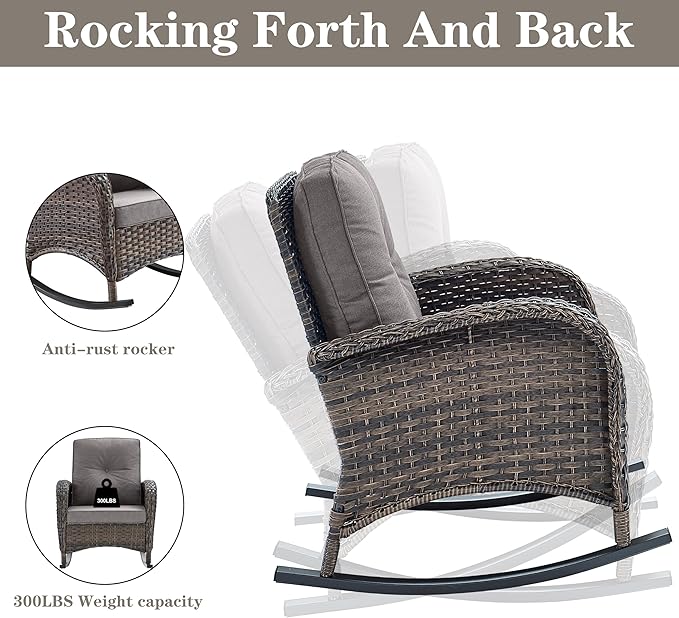Belord Patio Wicker Furniture with Rocking Chairs Loveseat, 5 Piece Rattan Furniture Outdoor Table and Rocking Chairs Set for Patio Deck Porch Backyard Brwon/Grey