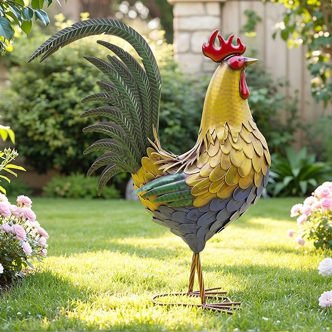 Ultym 32" Metal Rooster Decor, Large Outdoor Garden Statues, Metal Chicken Sculpture for Backyard Patio Kitchen Decor