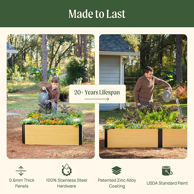 Vego garden Woodgrain Series Raised Garden Bed, 26'' Tall 2' x 8' Wooden-Look Metal Planter Box Outdoor for Gardening Vegetables, Flowers, Herbs