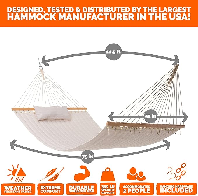 Castaway Living Large Natural Solid Quilted Polyester Hammock – 11.5 ft. x 52 in., 350 lb Capacity, Pillow, Storage Bag, Extension Chains & Tree Hooks – Durable Outdoor Lounger