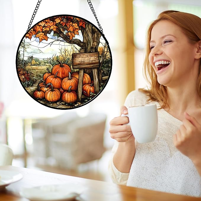 DASTOLL Stained Glass Window Hanging Fall Farm Scenery Maple Trees Pumpkin Large 11.8" - Suncatcher Door Garden Kitchen Sun Catcher Autumn Decor Birthday for Mom Nana Men Woman Friend