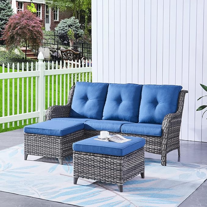 HUMMUH 3 Piece Patio Furniture Set All Weather Wicker Outdoor Sectional Sofa Manual Weaving Rattan High Curved Back Patio Couch with Ottomans