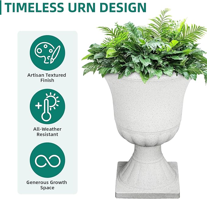 22" Urn Planters Outdoor Planter for Plants Set of 2 Timeless Plastic Large Flower Pot with Drainage Hole Terrazzo White Garden Pots for Porch, Patio Christmas Decor