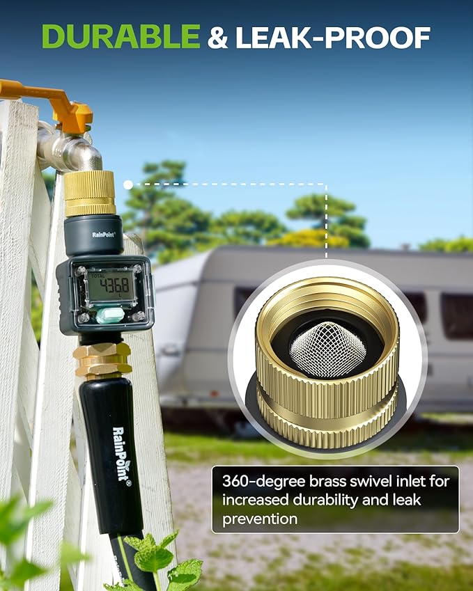 RAINPOINT Water Flow Meter with Brass Inlet, ±5% Accuracy, Max Measured Consumption of 9999.9 Gallon/Liter, Water Meter for RV Tank Filling, Garden Hose Watering, Lawn Sprinkler & Nozzle Sprayer