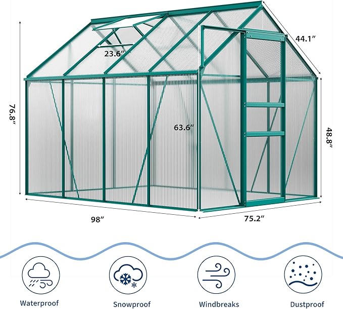 GarveeHome 6 x 8 FT Polycarbonate Greenhouse, Winter Greenhouses for Outdoors with Aluminum Frame, Sliding Door, Adjustable Roof Vent, Backyard Green Houses, Patio Garden, Green