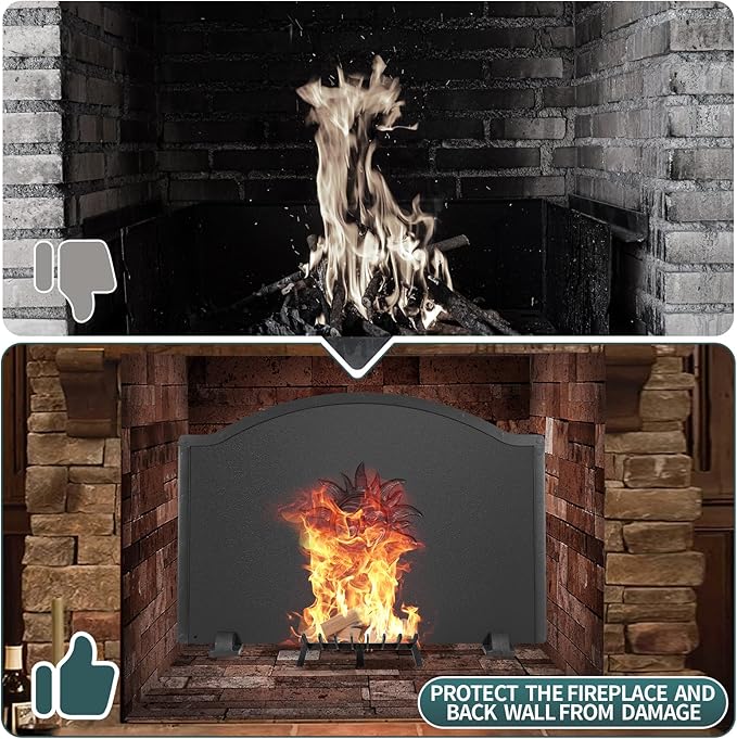 Iron Fireback with Feet - 25in Sun Fireplace Heat Reflector, Heat-Resistant Material with Decorative Design for Wall Protection