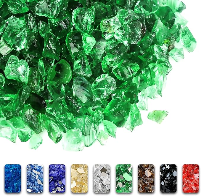 GRISUN Emerald Green Fire Glass for Fire Pit, 10 Pounds 1/2 Inch Tempered Glass Rocks for Natural or Propane Fireplace, Safe for Outdoors and Indoors Firepit Glass