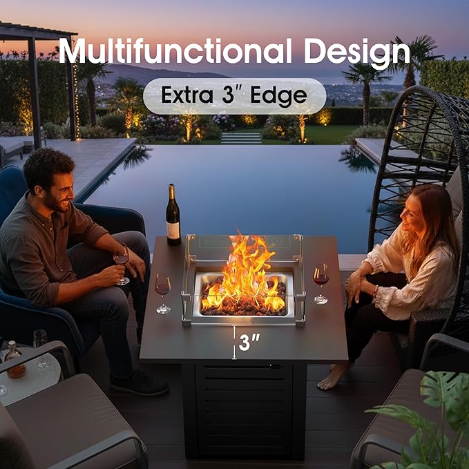 28 Inch Outdoor Propane Fire Pit,50,000 BTU Gas Firepit Table with Steel Lid,304 Stainless Steel H-Burner,Lava Rocks and Wind Guard,Fire Pits for Outside Patio Deck Garden,Black