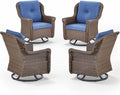 Patio Chairs Outdoor Swivel Glider - Set of 4 High Back Outside Brown Wicker Rattan Rocking Chair with Thick Cushion for Porch Apartment Deck Yard Poolside Garden - Navy Blue