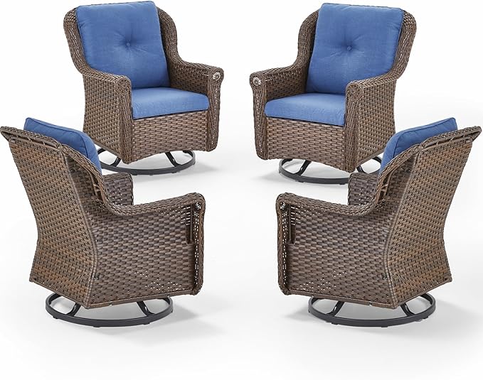 Patio Chairs Outdoor Swivel Glider - Set of 4 High Back Outside Brown Wicker Rattan Rocking Chair with Thick Cushion for Porch Apartment Deck Yard Poolside Garden - Navy Blue