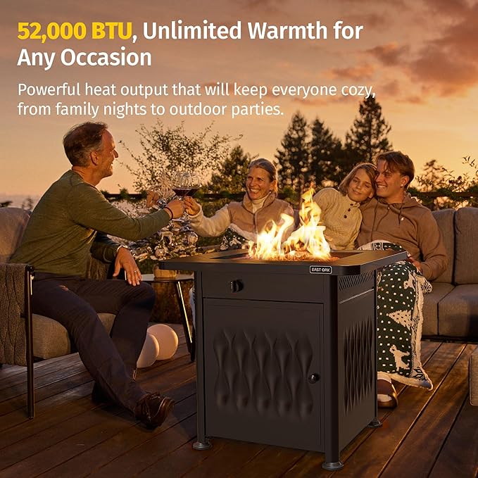 East Oak 28" Outdoor Fire Pit Table | 52,000 BTU Fire Pit Table for Outside with Magnetic Lid | Storage Basket & Lava Rocks | CSA Certified for Patio, Backyard & Garden | Black