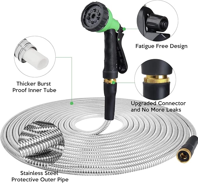 Garden Hose - Kink-Free Durable Flexible Garden Hoses with Swivel Handle and Multi-Functional Nozzles, Tangle Free, Rust Proof Lightweight Stainless Steel Metal Water Hose for Garden, Car, Lawn, Patio