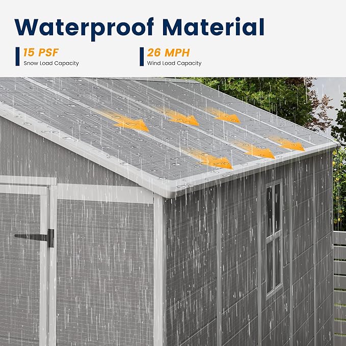 UDPATIO Storage Shed 8 x 10 FT, Resin Sheds & Plastic Outdoor Storage with Floor Large Clearance Outdoors Garden Tool Shed Tuff Outside Patio Shed with Lockable Door for Bike, Garbage Gray White