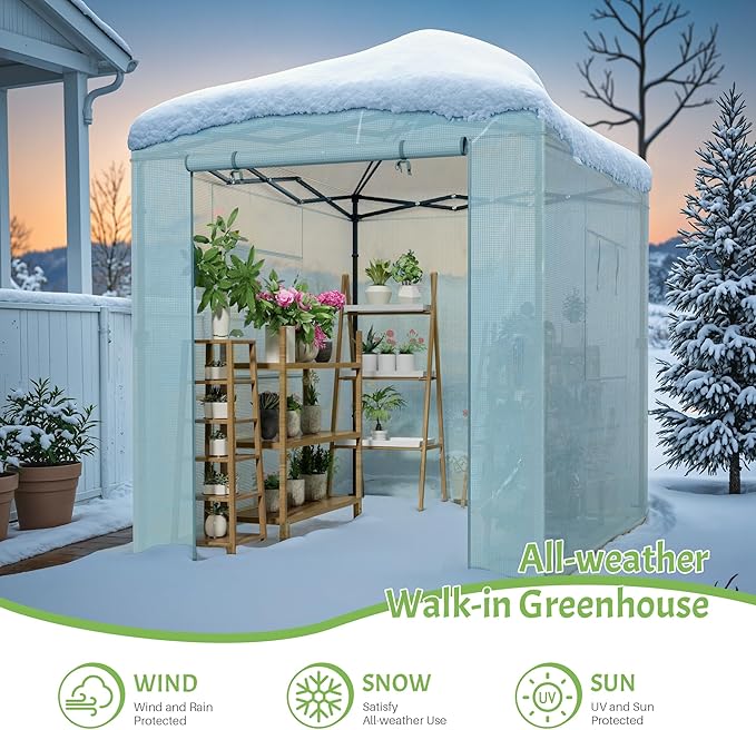 Greesum 8x6 FT Portable Pop-up Greenhouse with Center Lock, PE Cover, Zippered Door and 2 Roll-up Windows, Easy Assemble(Green)
