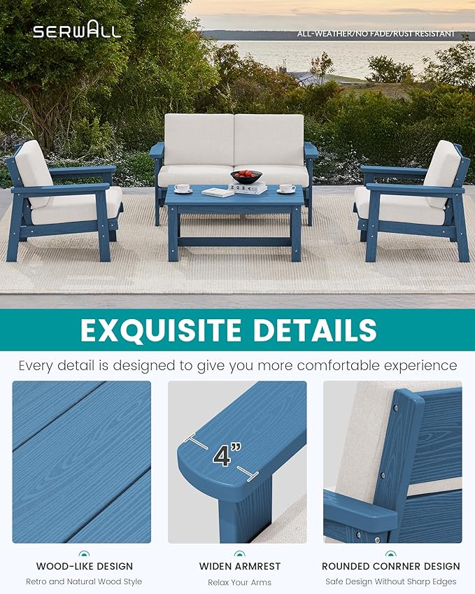 SERWALL 4 Piece HDPE Outdoor Furniture Set, All Weather Wood-Like Outdoor Sofa Sectional Couch, Bllue Patio Furniture Set with Khaki Cushions