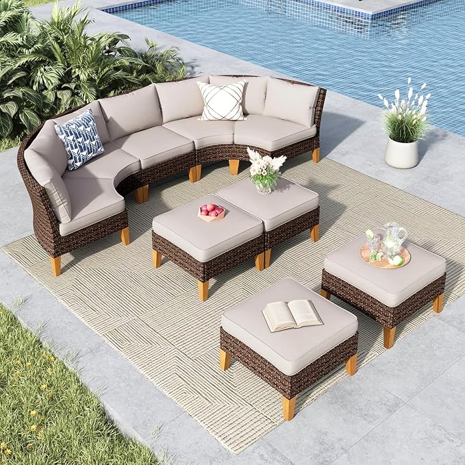 MFSTUDIO 9 Pieces Wicker Patio Furniture Set, All-Weather Rattan Outdoor Conversation Set Half-Moon Curved Patio Sectional Sofa Set for Garden, 4 x Curved Sofa, 1 x Armless Sofa, 4 x Ottomans