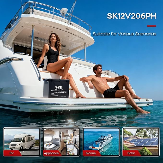 SOK Battery 12V 206Ah LiFePO4 Lithium Battery with Bluetooth, Marine Grade IP65, 8000+ Deep Cycles with Low-Temp Protection for RVs, Marine, Home Energy Storage and Off-grid Solar Wind Systems