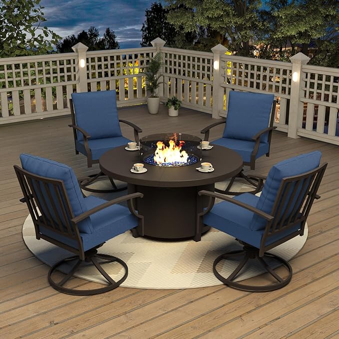 Kurapika 5 Piece Metal Outdoor Patio Furniture Set with Round Fire Pit Table, Patio Conversation Sets 4 Swivel Chairs with Thick Cushion and 40000 BTU Fire Pit Table, Navy Blue