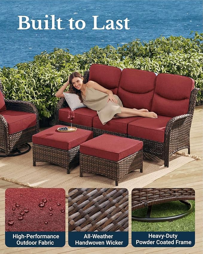 HILLGA Luxury Patio Furniture Set with 6-inch Thick Cushion, Outdoor Couch and High Back Swivel Rocker Patio Chairs, 11PCS Wicker Conversation Set for Deck Yard and Poolside, Burgundy (V2)