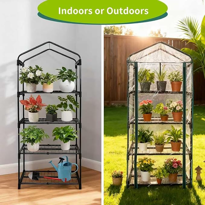 4 Tier mini Indoor Greenhouse Upgraded with Shelf Clips,27"x19"x62" Greenhouse for Indoors&greenhouses for Outdoors with PVC Cover and Roll-Up Zipper Door