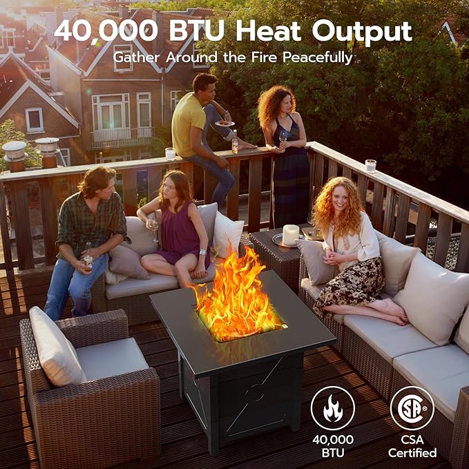 ZAFRO 28" Fire Pit Table, 40000 BTU Propane Fire Pit Table with Lid,Rain Cover and 3 Pounds Lava Stones for Outdoor Backyard, Courtyard