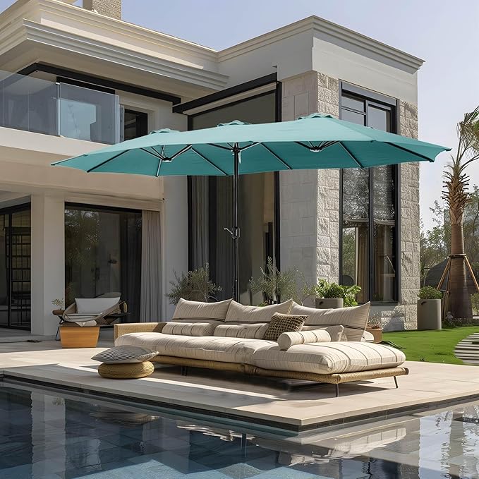 GREEN PARTY 15 ft Rectangle Patio Umbrella with Base Included, Double-Sided Table Umbrella with Crank, Large Outdoor Umbrellas for Patio Poolside Garden Backyard, Turquoise