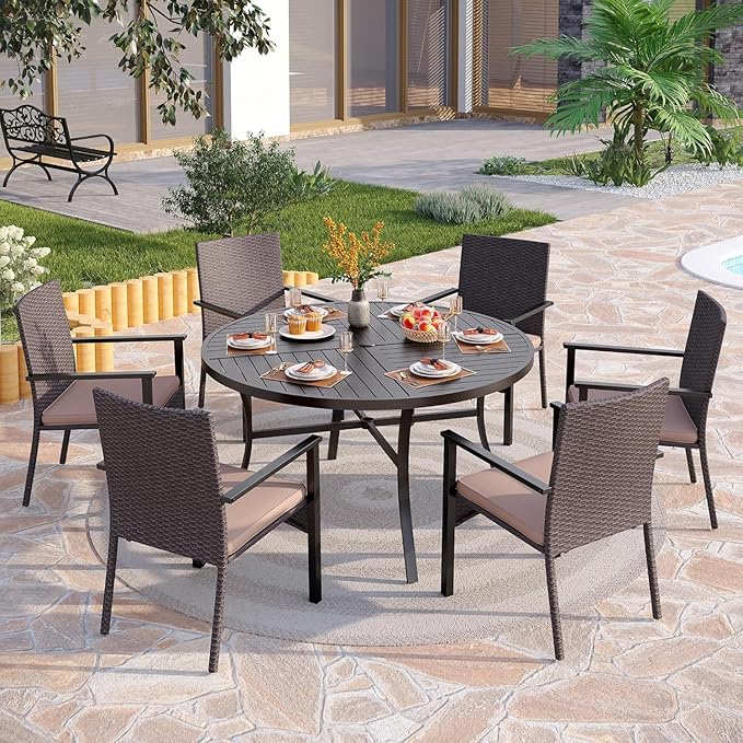 PHI VILLA Outdoor Round Dining Table for 6, 54" Large Metal Wrought Iron Table with Umbrella Hole, All Weather Furniture for Patio, Deck, Yard, Porch - Black