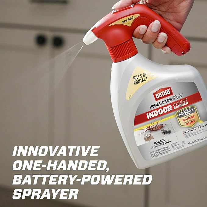 Ortho Home Defense Max Indoor Insect Barrier with Battery-Powered Sprayer, Kills Ants, Roaches, Spiders, Fleas and Ticks, 1.5 L.