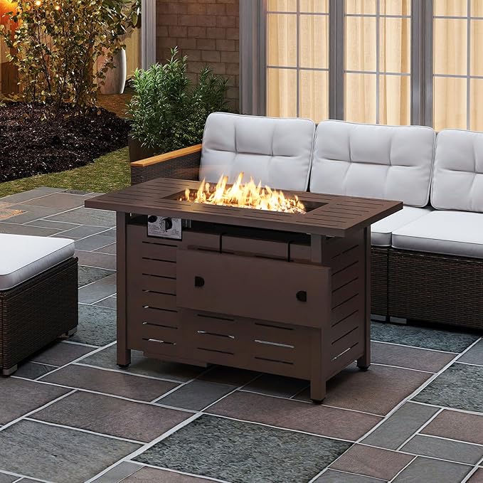 Tangkula Outdoor Propane Fire Pit Table, 40 Inch ETL Certified Outside Rectangle Gas Fire Table with Lava Rocks, Removable Lid and Protective Cover for Patio, Garden, Deck and Backyard (Brown)