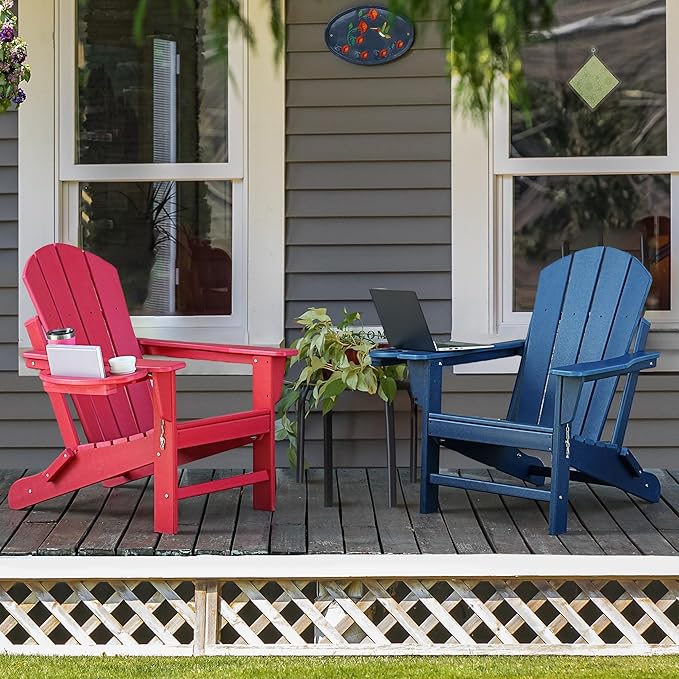 Adirondack Chair Set of 2, HDPE Folding Adirondack Chair with Multifunctional Cup Holder, Weather Resistant Fire Pit Chair for porches, patios, patios, poolsides, Decks.