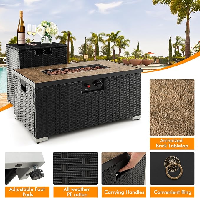 Tangkula 2 Piece Outdoor Propane Fire Pit Table Set with Hideaway Propane Tank Holder, 40,000 BTU Rattan Wicker Fire Pit Table with Lava Rocks, Waterproof Cover, Ideal for Backyard, Patio (Black)