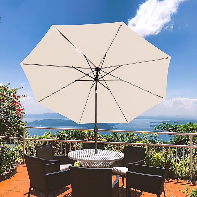 Sundale Outdoor Olefin 5-Year-Non-Fading Solar 80 LED 9 FT Solar Patio Umbrella with Sand Bag Base, Outdoor Umbrella with Tilt and Crank, Beige