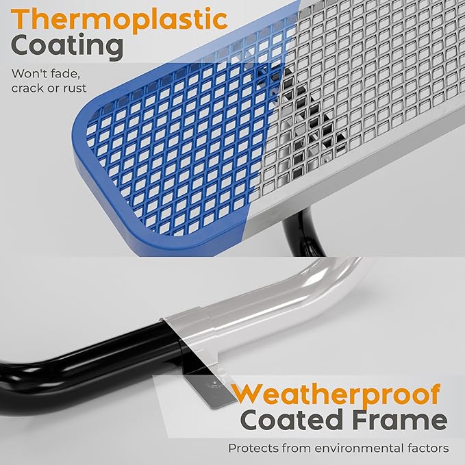 Commercial Heavy-Duty Metal Picnic Table - ADA Compliant, Adjustable Seats, Umbrella Hole, Expanded Metal (Blue, 6' Rectangular)