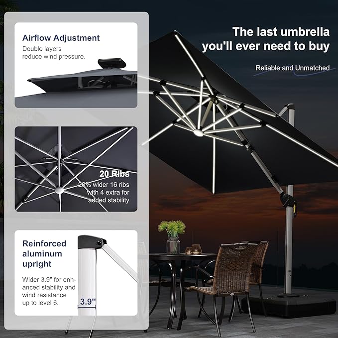 PURPLE LEAF 12 Feet Double Top Deluxe Solar Powered LED Square Patio Umbrella Light Patio Umbrella Outdoor Cantilever Umbrella with Lights, Grey