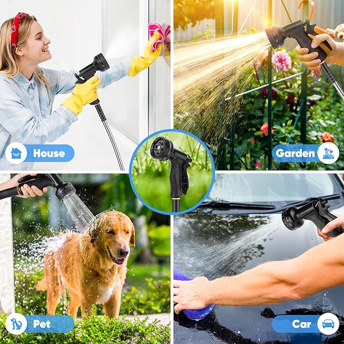 Garden Hose 100 FT, Metal Stainless Steel Water Hose with 10 Function Nozzles, No Kinks, Flexible Hose, Lightweight, Puncture Proof, Heavy Duty Hose for Yard and Outdoor