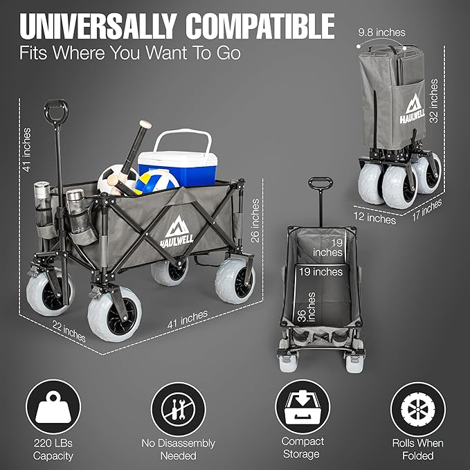 Beach Wagon for Sand with Big Wheels | All Terrain Folding Utility Cart | Collapsible Heavy Duty Wagon Cart for Kids, Beach and Camping | Haulwell