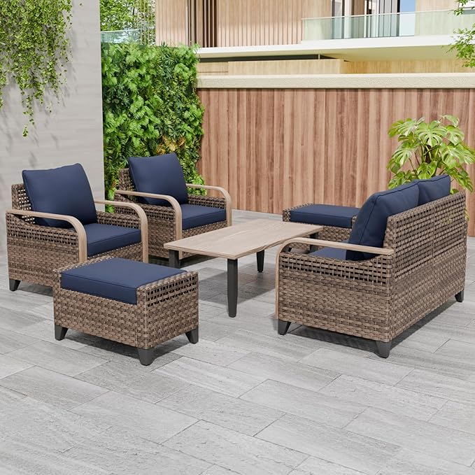 EAGLE PEAK Modern Wicker Outdoor Patio Furniture Set, Patio Conversation Set, 2 Chairs, 2-Seat Loveseat, 2 Ottomans and Coffee Table, 6 Pieces, Brown/Blue